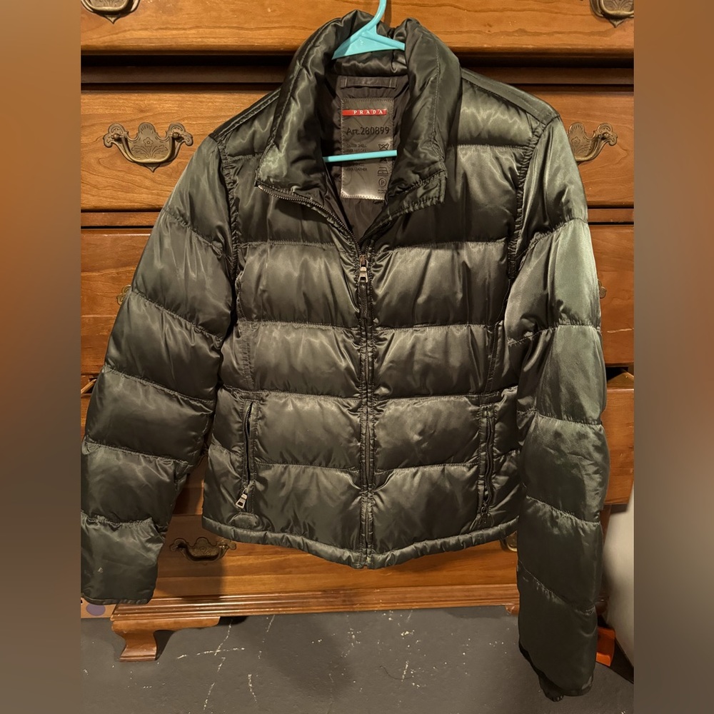 Prada puffer jacket in green/ charcoal